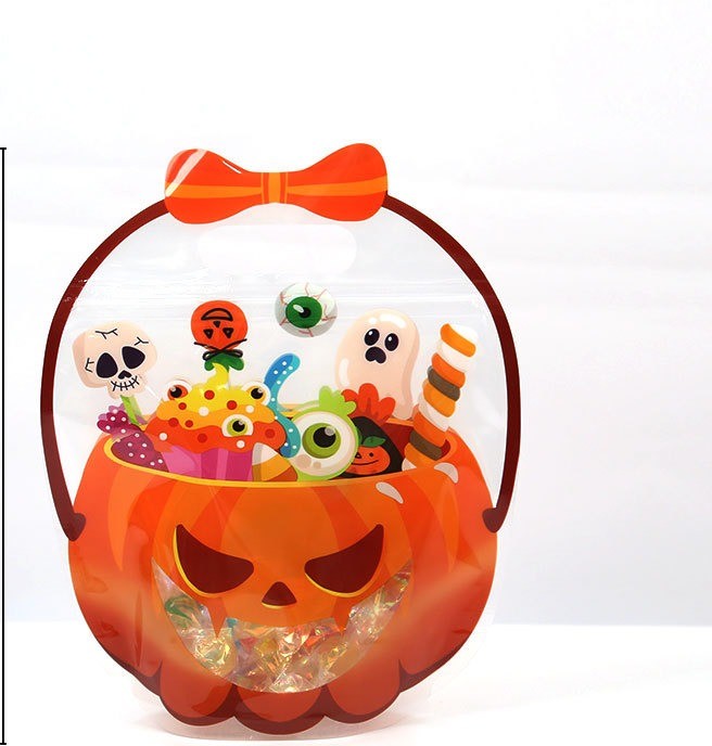 Halloween pumpkin treat bags, 3-pack reusable clear candy pouches with handles
