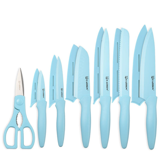 13 piece blue non-stick kitchen knife set with blade guards