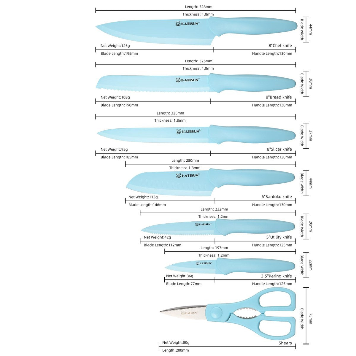 13 piece blue non-stick kitchen knife set with blade guards