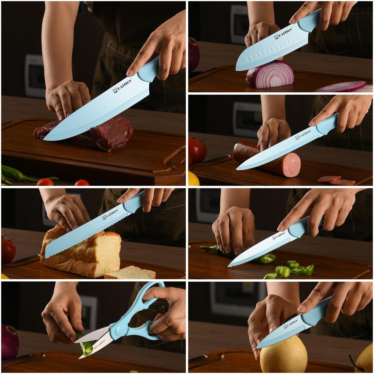 13 piece blue non-stick kitchen knife set with blade guards