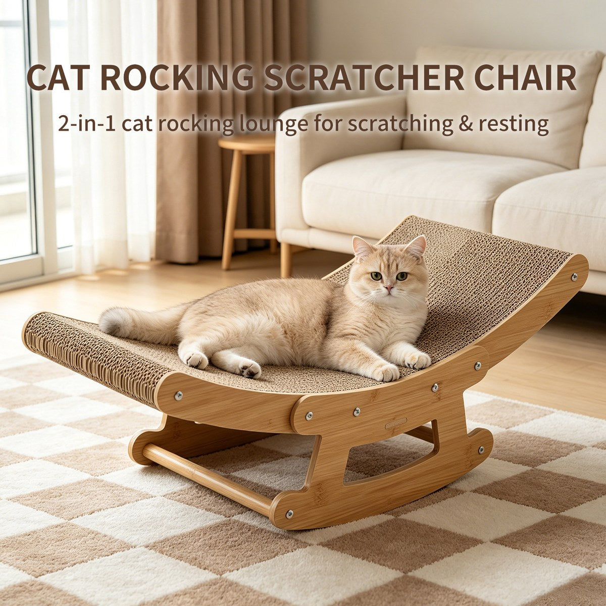 2-in-1 cat rocking scratcher chair wooden cat bed lounge corrugated ca