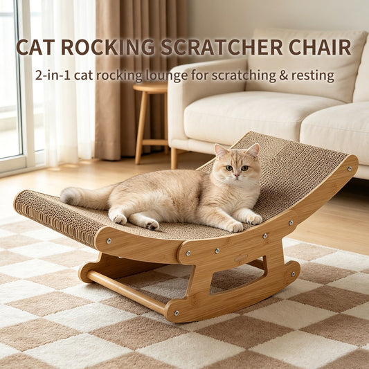 2-in-1 cat rocking scratcher chair wooden cat bed lounge corrugated ca