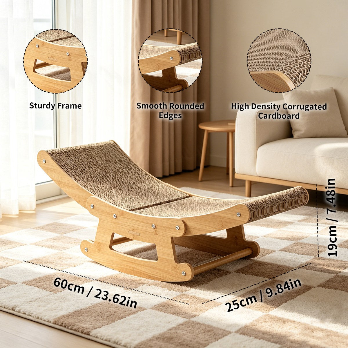 2-in-1 cat rocking scratcher chair wooden cat bed lounge corrugated ca