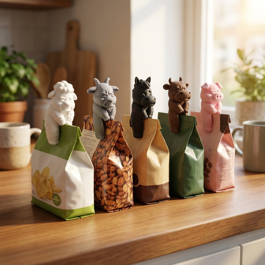3D printed farm animal bag clip sealing a snack bag