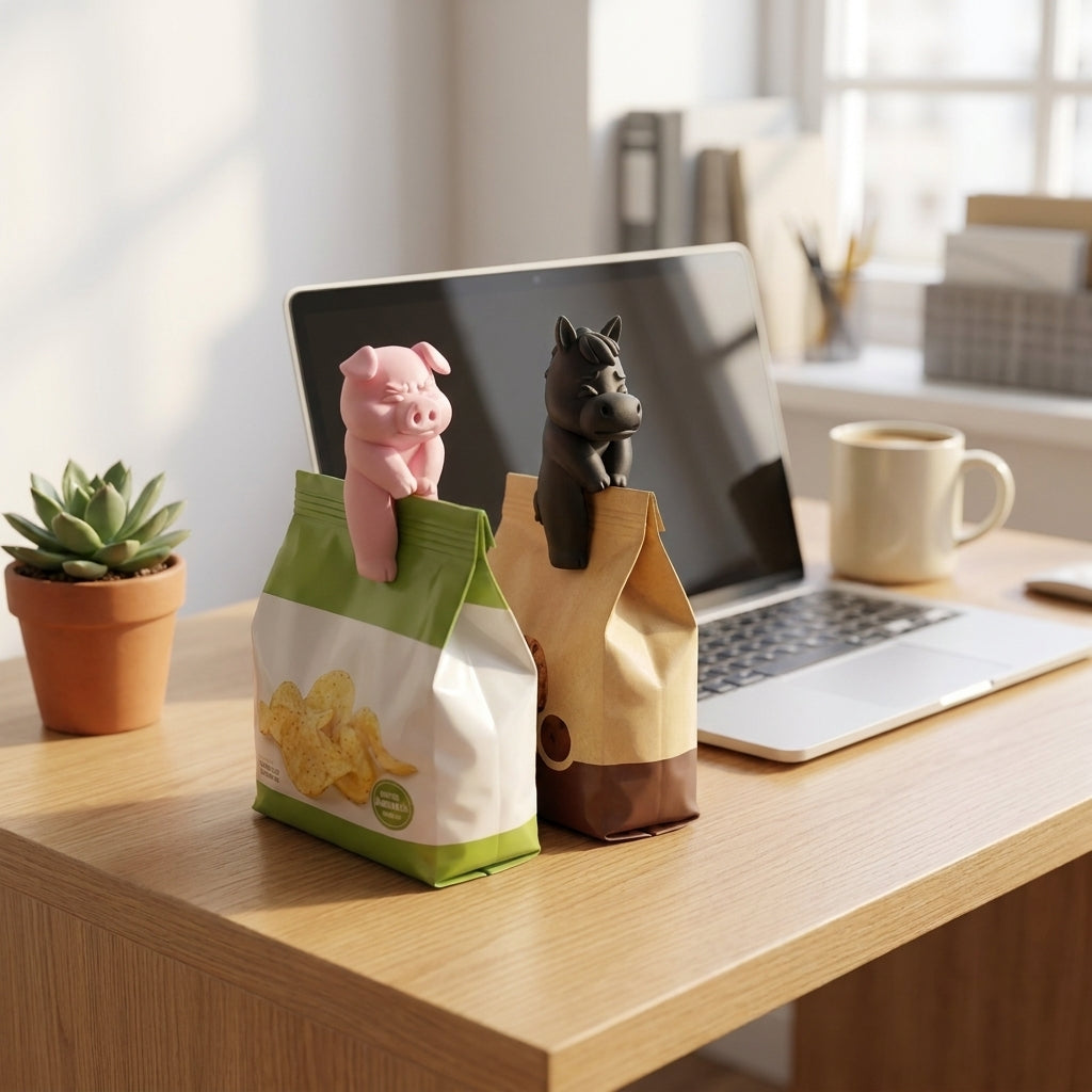 3D printed farm animal bag clip sealing a snack bag