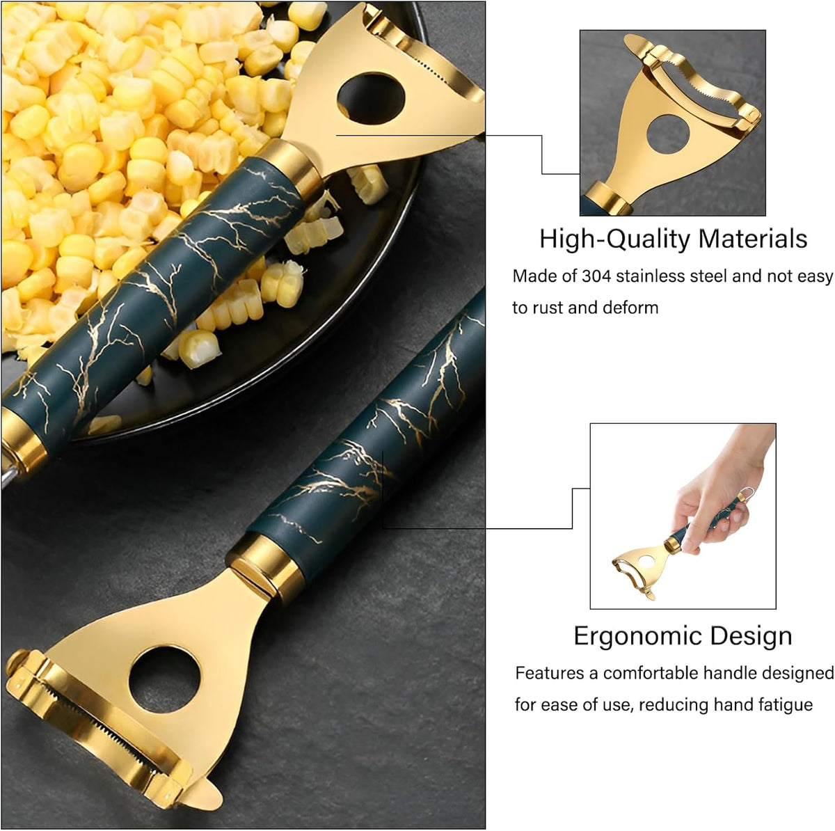 Stainless steel corn cob peeler stripping kernels from a cooked cob