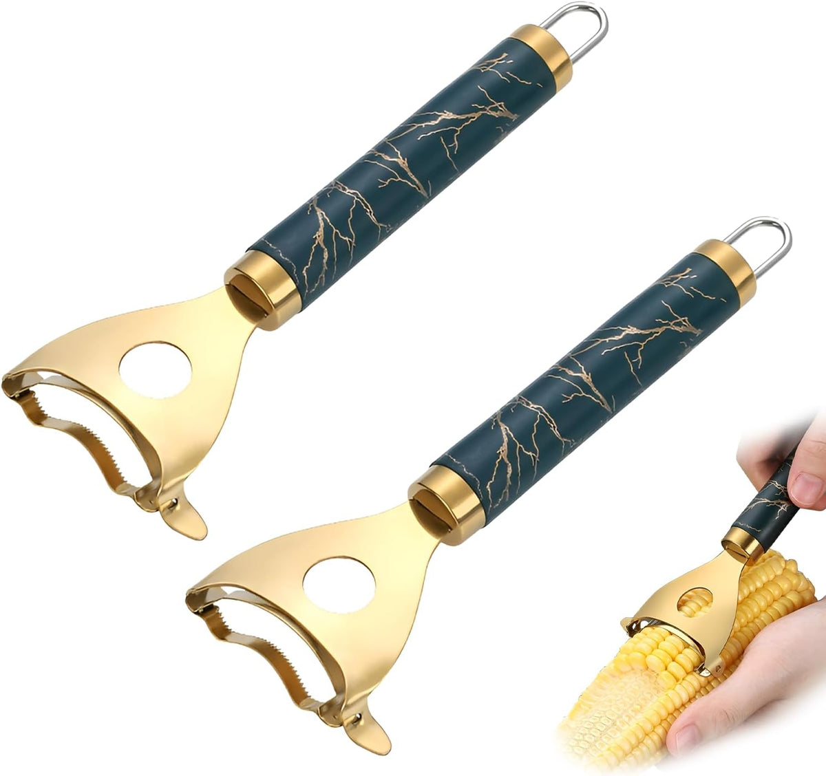 Stainless steel corn cob peeler stripping kernels from a cooked cob
