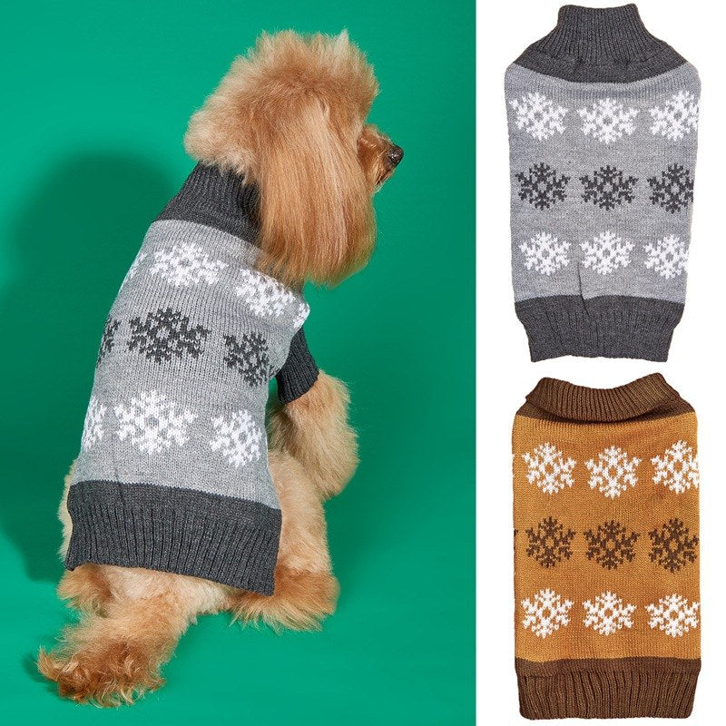 snowflake knit dog winter sweater in grey and brown