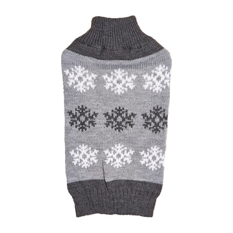 snowflake knit dog winter sweater in grey and brown