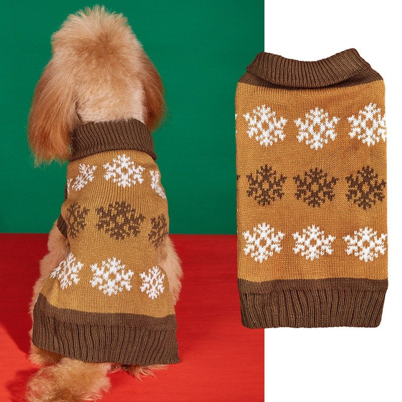 snowflake knit dog winter sweater in grey and brown