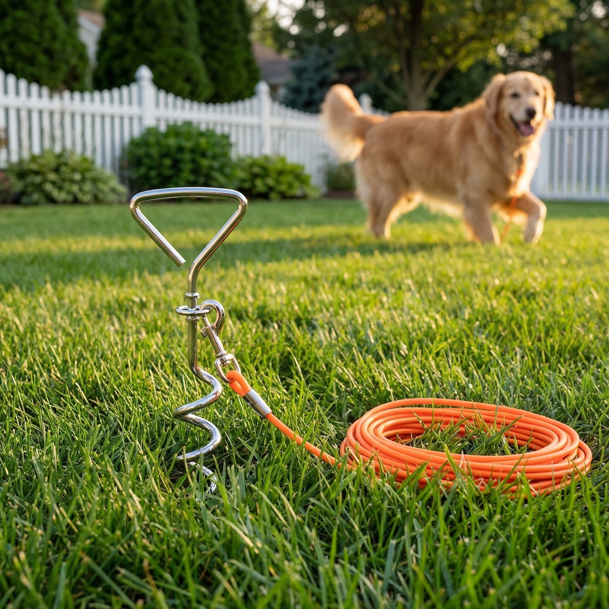 ground stake fixed dog leash allows your beloved dog to play more freely