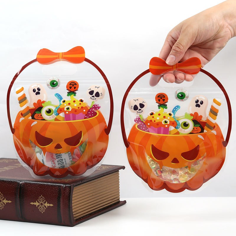 Halloween pumpkin treat bags, 3-pack reusable clear candy pouches with handles