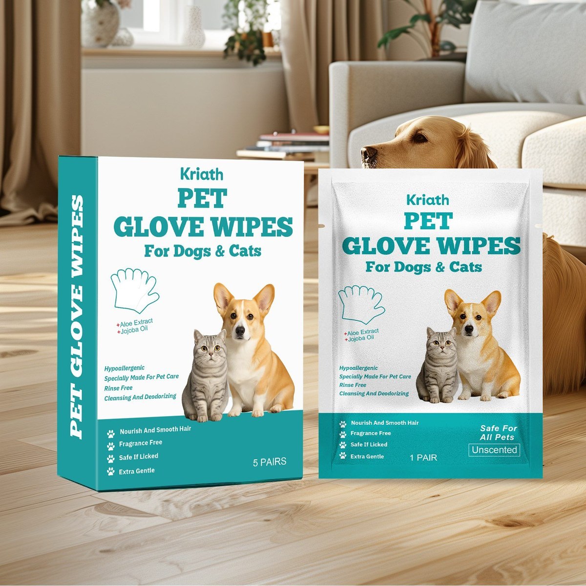 kriath disposable pet glove wipes, 5 pieces