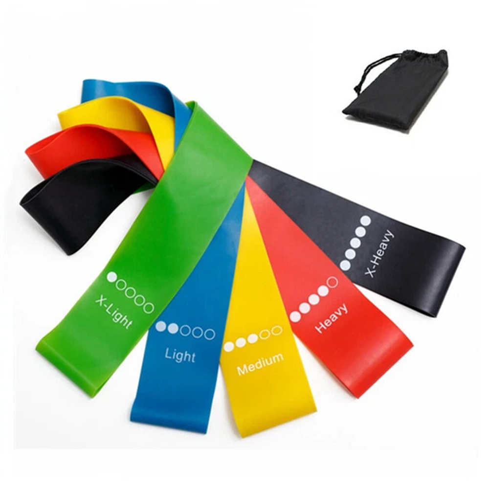 Set of five colour coded loop resistance bands with carry pouch