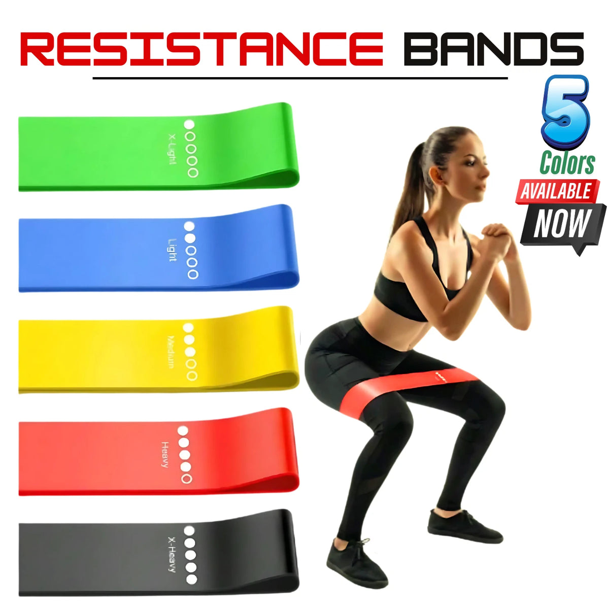 Set of five colour coded loop resistance bands with carry pouch