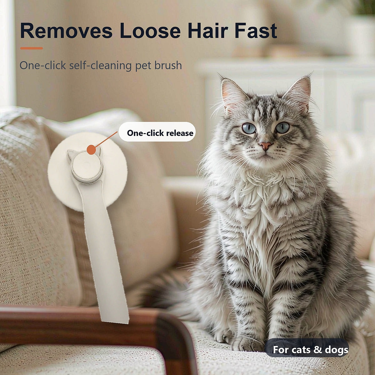 Self-cleaning cat brush with one-click fur release